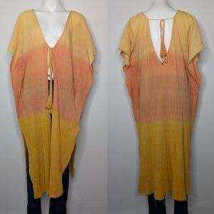 Z&L Europe yellow orange ombre cotton side slit tie closure swim dress cover OS